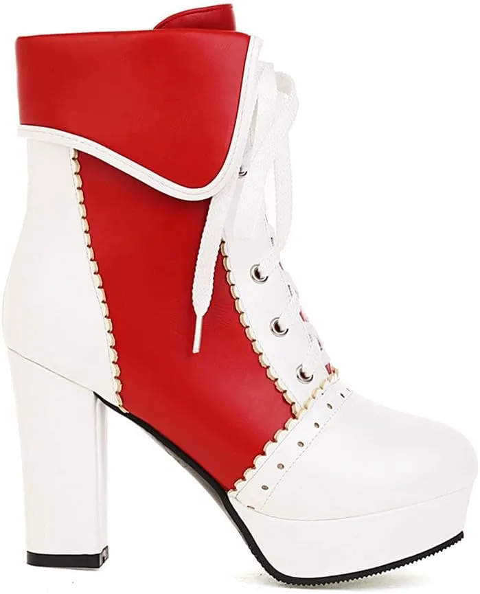 Meefit Women Wingtip Lace Up Block Heel Lolita Ankle Boots Platform Cute Chunky Heel Lace Booties with Bow