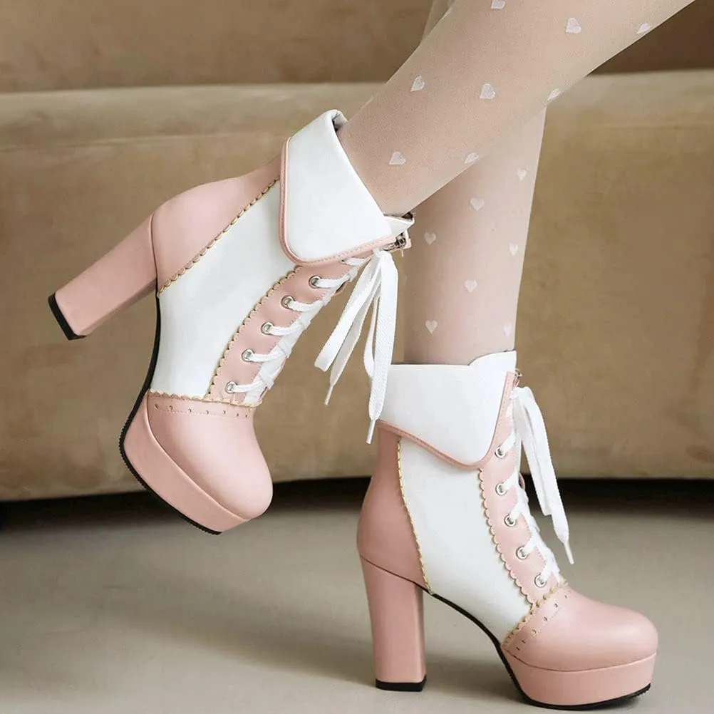 Meefit Women Wingtip Lace Up Block Heel Lolita Ankle Boots Platform Cute Chunky Heel Lace Booties with Bow