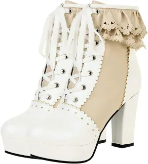 Meefit Women Wingtip Lace Up Block Heel Lolita Ankle Boots Platform Cute Chunky Heel Lace Booties with Bow