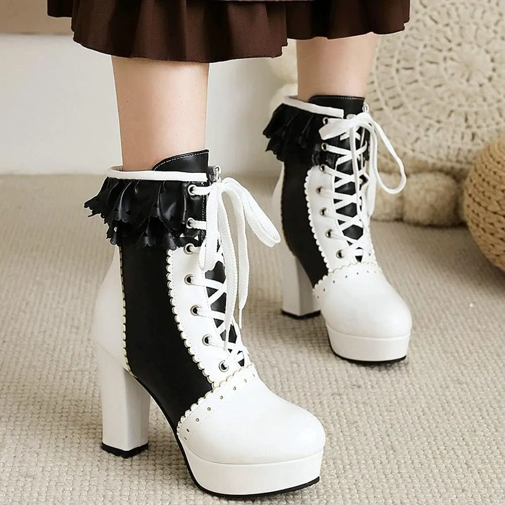 Meefit Women Wingtip Lace Up Block Heel Lolita Ankle Boots Platform Cute Chunky Heel Lace Booties with Bow
