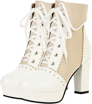 Meefit Women Wingtip Lace Up Block Heel Lolita Ankle Boots Platform Cute Chunky Heel Lace Booties with Bow