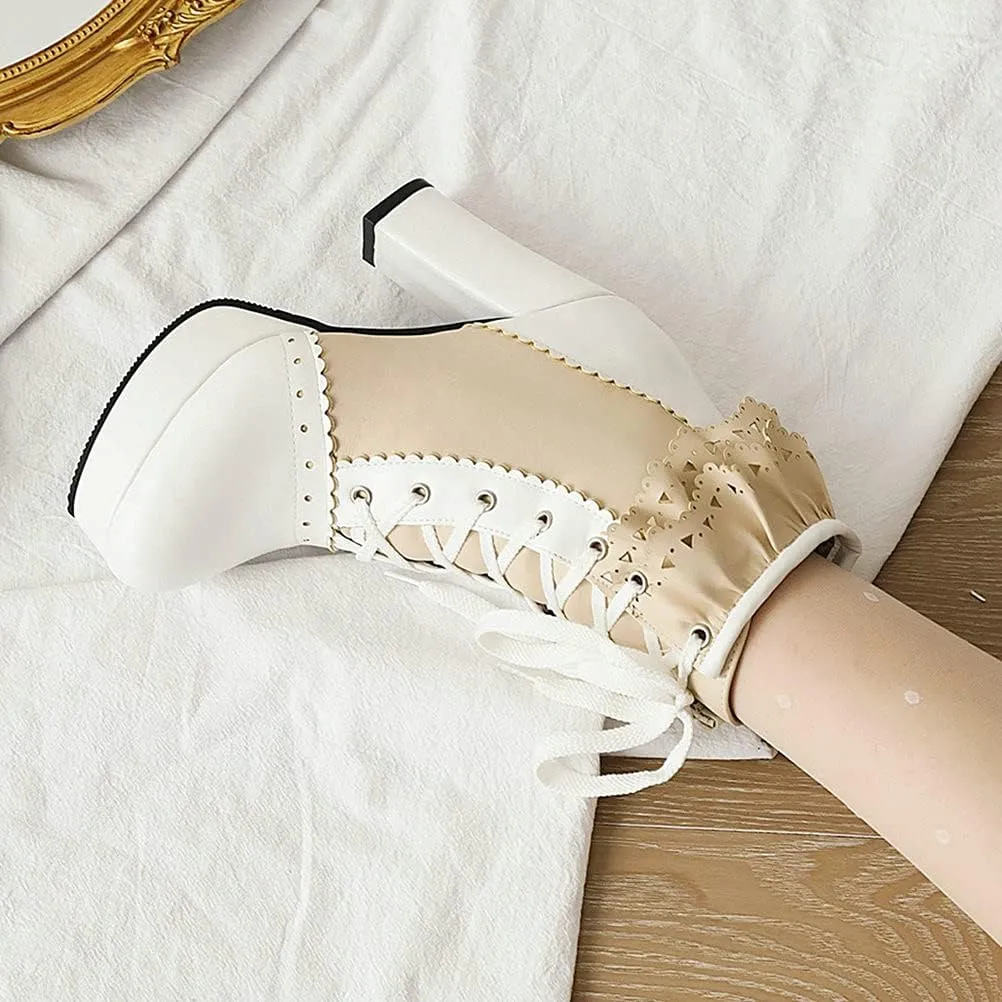 Meefit Women Wingtip Lace Up Block Heel Lolita Ankle Boots Platform Cute Chunky Heel Lace Booties with Bow