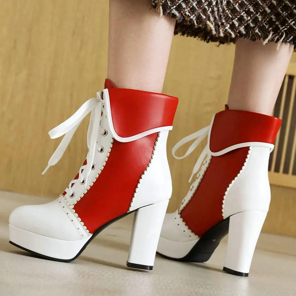 Meefit Women Wingtip Lace Up Block Heel Lolita Ankle Boots Platform Cute Chunky Heel Lace Booties with Bow