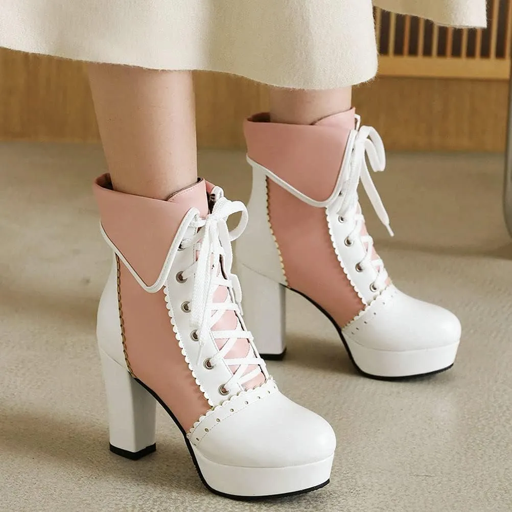 Meefit Women Wingtip Lace Up Block Heel Lolita Ankle Boots Platform Cute Chunky Heel Lace Booties with Bow