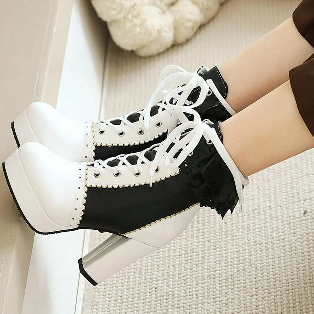 Meefit Women Wingtip Lace Up Block Heel Lolita Ankle Boots Platform Cute Chunky Heel Lace Booties with Bow