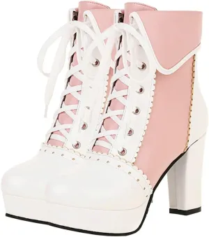 Meefit Women Wingtip Lace Up Block Heel Lolita Ankle Boots Platform Cute Chunky Heel Lace Booties with Bow