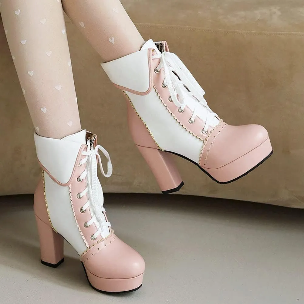 Meefit Women Wingtip Lace Up Block Heel Lolita Ankle Boots Platform Cute Chunky Heel Lace Booties with Bow