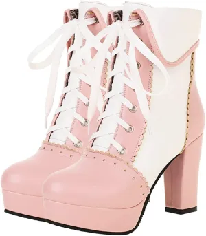 Meefit Women Wingtip Lace Up Block Heel Lolita Ankle Boots Platform Cute Chunky Heel Lace Booties with Bow
