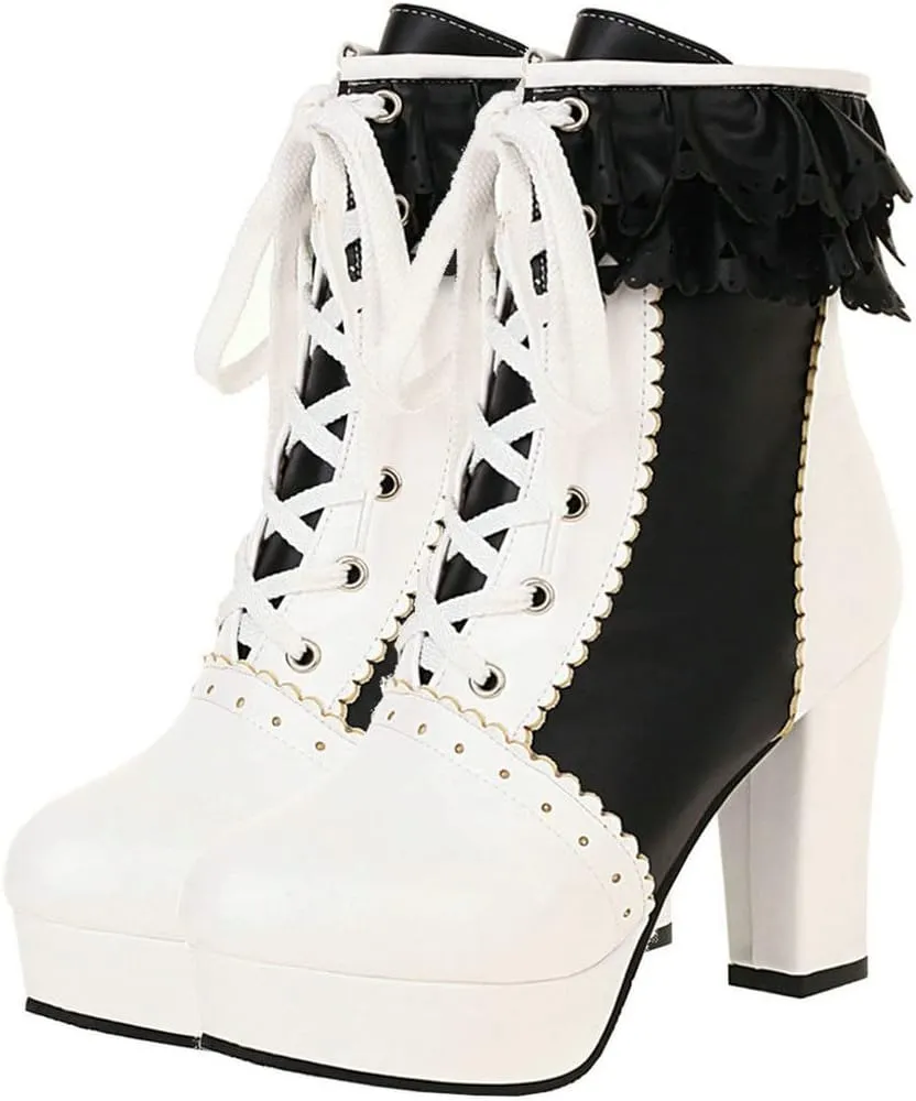 Meefit Women Wingtip Lace Up Block Heel Lolita Ankle Boots Platform Cute Chunky Heel Lace Booties with Bow