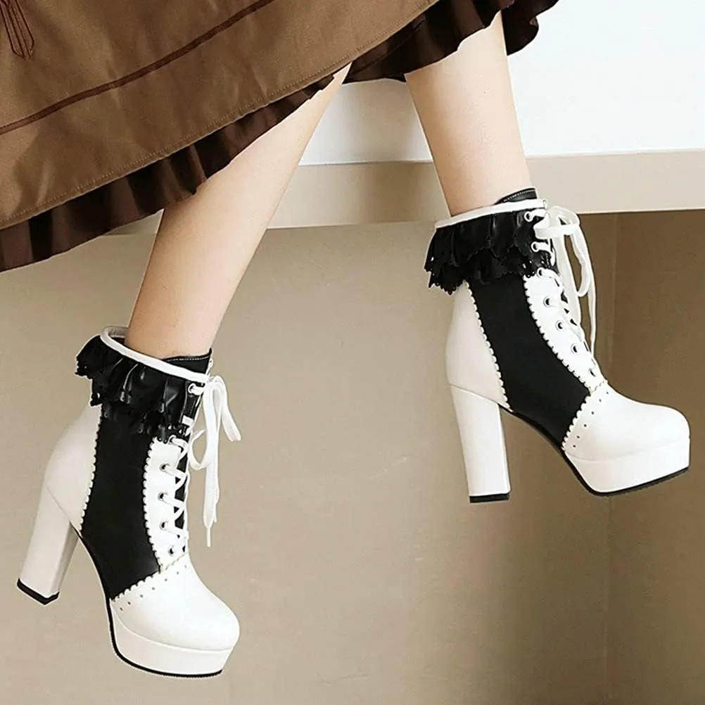 Meefit Women Wingtip Lace Up Block Heel Lolita Ankle Boots Platform Cute Chunky Heel Lace Booties with Bow