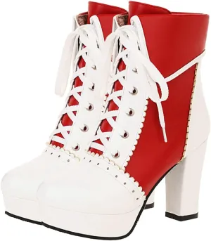 Meefit Women Wingtip Lace Up Block Heel Lolita Ankle Boots Platform Cute Chunky Heel Lace Booties with Bow