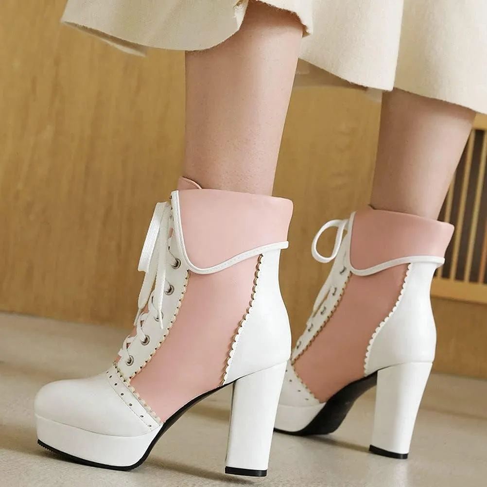 Meefit Women Wingtip Lace Up Block Heel Lolita Ankle Boots Platform Cute Chunky Heel Lace Booties with Bow