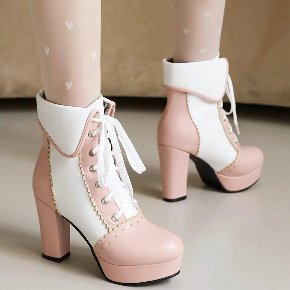 Meefit Women Wingtip Lace Up Block Heel Lolita Ankle Boots Platform Cute Chunky Heel Lace Booties with Bow