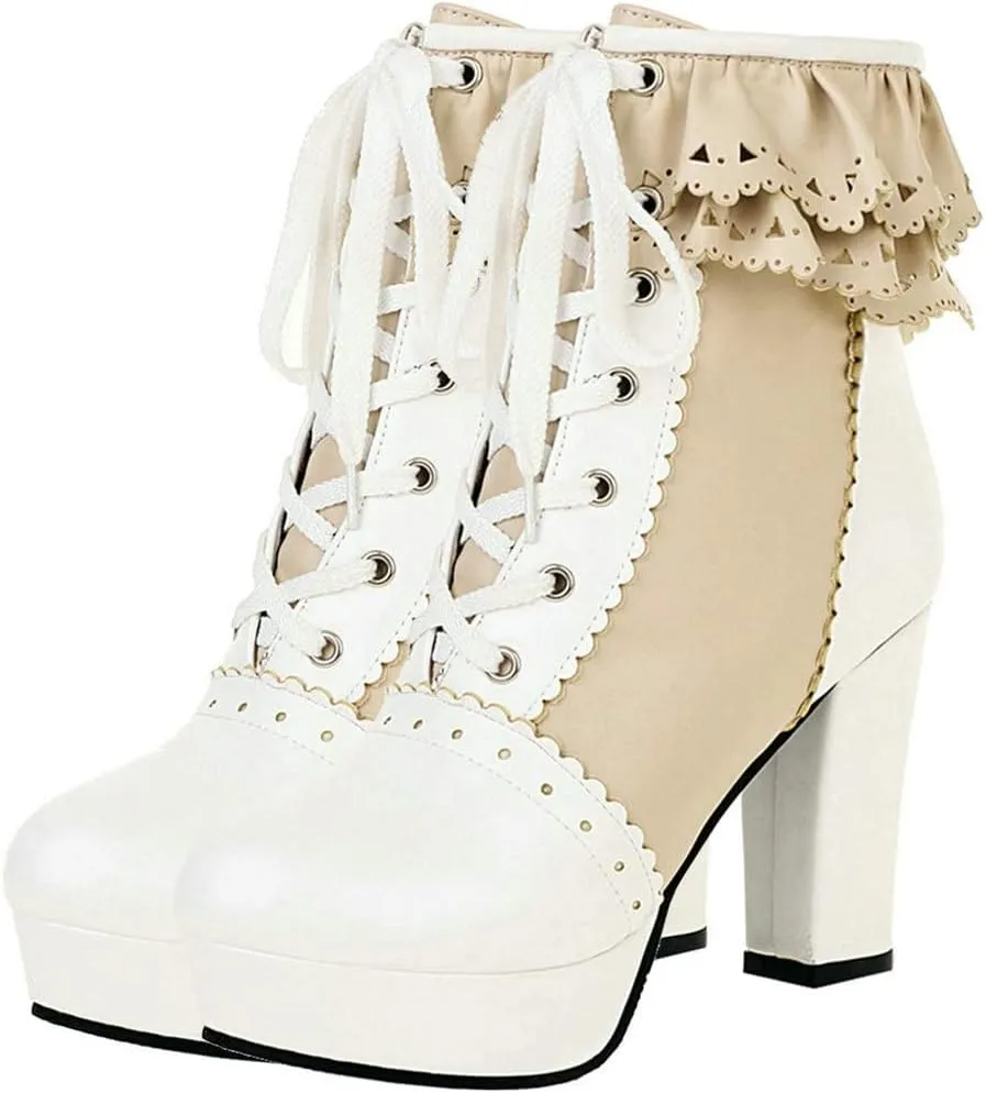 Meefit Women Wingtip Lace Up Block Heel Lolita Ankle Boots Platform Cute Chunky Heel Lace Booties with Bow