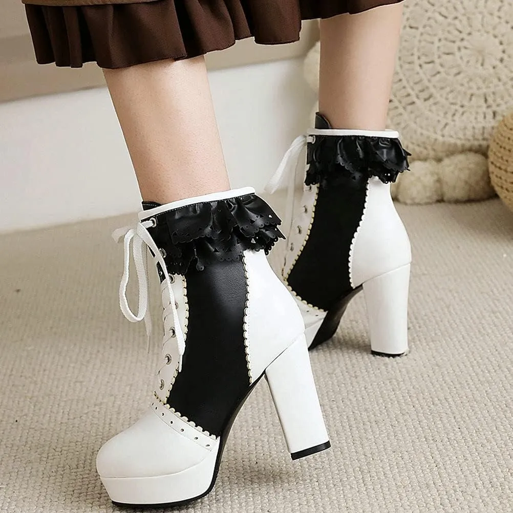 Meefit Women Wingtip Lace Up Block Heel Lolita Ankle Boots Platform Cute Chunky Heel Lace Booties with Bow