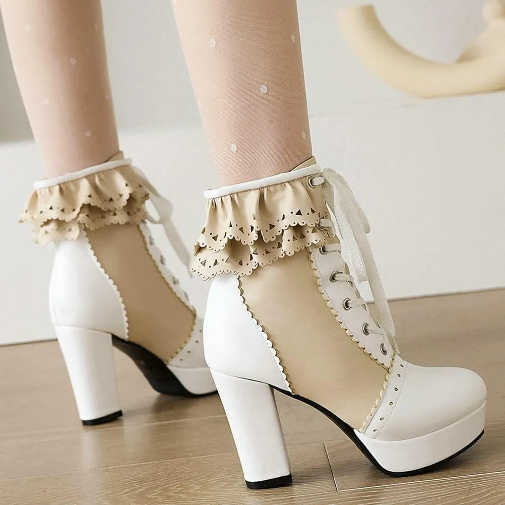 Meefit Women Wingtip Lace Up Block Heel Lolita Ankle Boots Platform Cute Chunky Heel Lace Booties with Bow