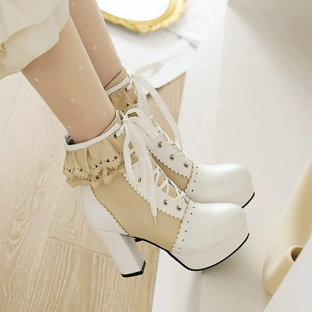 Meefit Women Wingtip Lace Up Block Heel Lolita Ankle Boots Platform Cute Chunky Heel Lace Booties with Bow