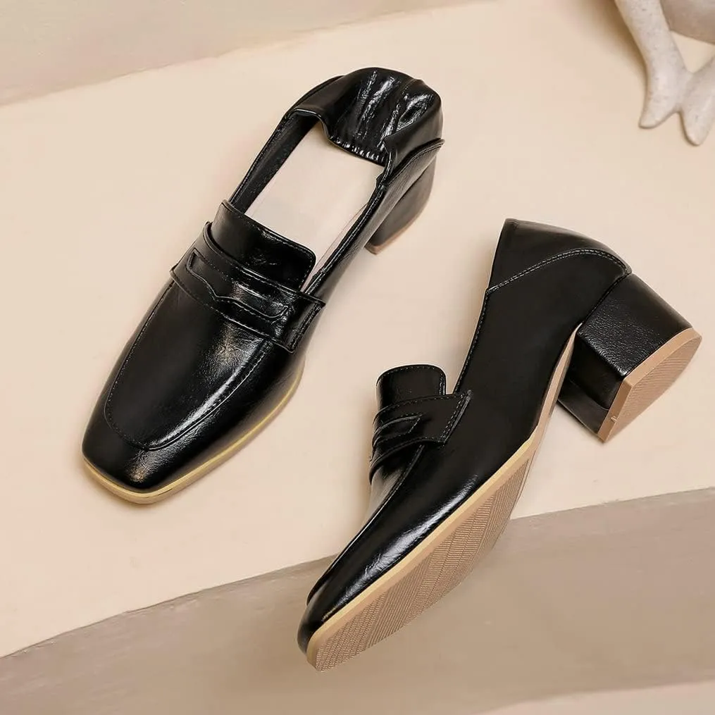 Meefit Womens Block Heel Loafers Square Toe Chunky Heel Slip On Pumps