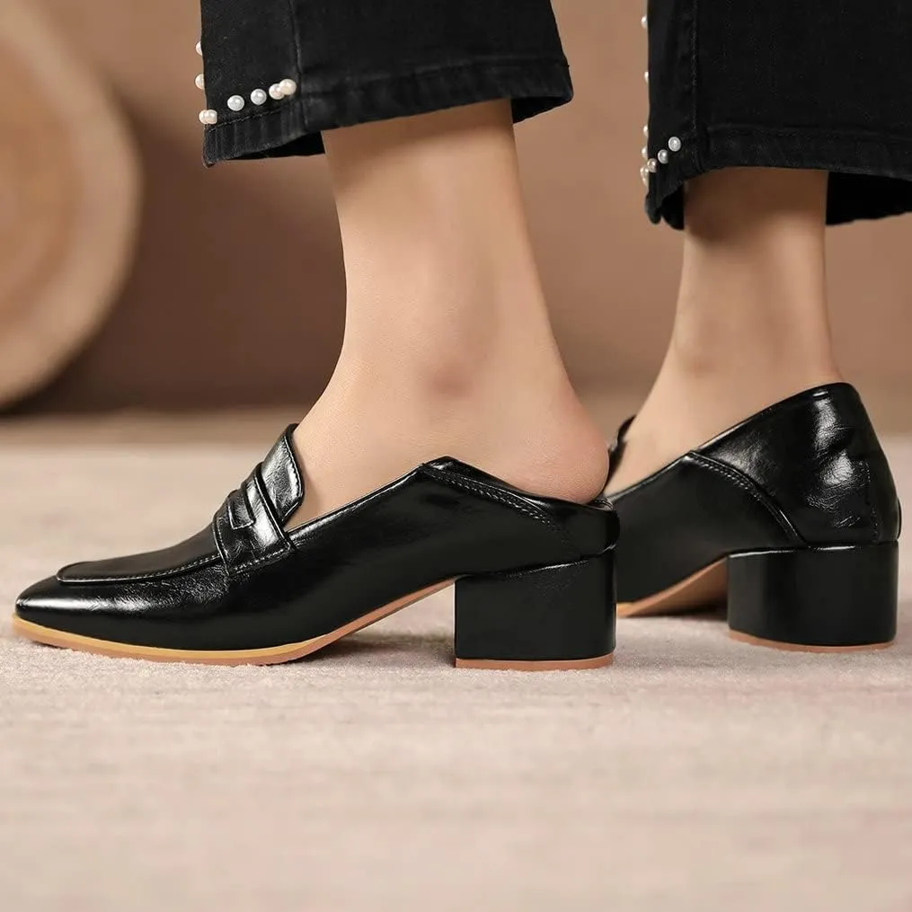 Meefit Womens Block Heel Loafers Square Toe Chunky Heel Slip On Pumps