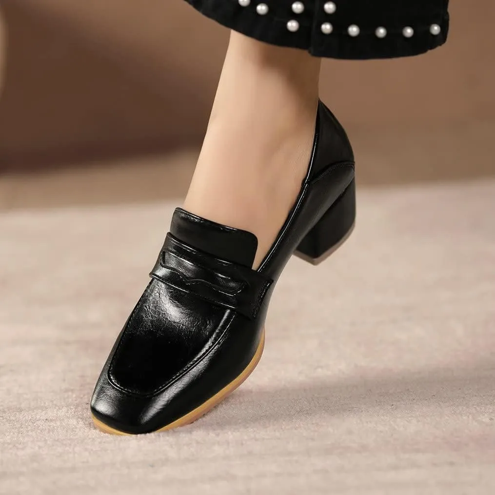 Meefit Womens Block Heel Loafers Square Toe Chunky Heel Slip On Pumps