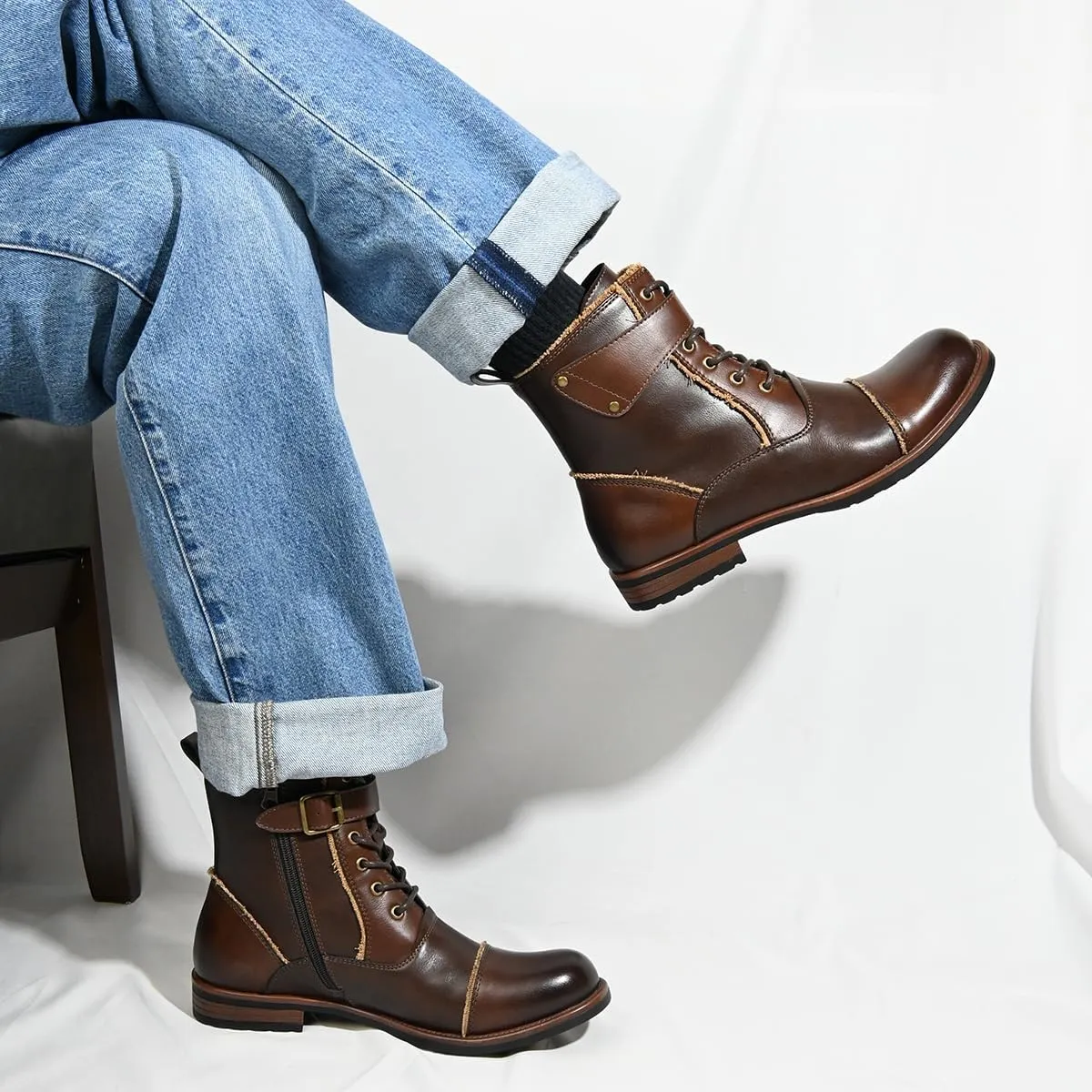 Mens Boots Motorcycle Casual Boots for Men Lace-up Ankle Dress Boots Zipper Biker Boot
