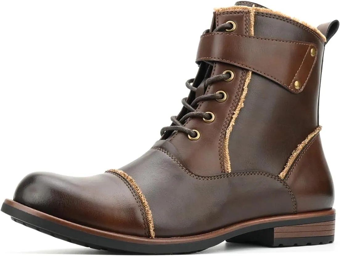 Mens Boots Motorcycle Casual Boots for Men Lace-up Ankle Dress Boots Zipper Biker Boot