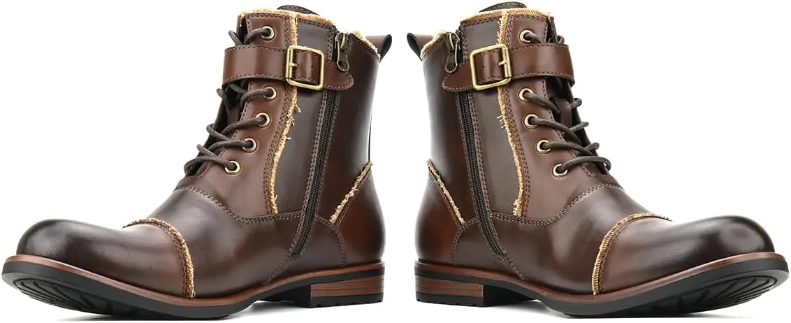 Mens Boots Motorcycle Casual Boots for Men Lace-up Ankle Dress Boots Zipper Biker Boot