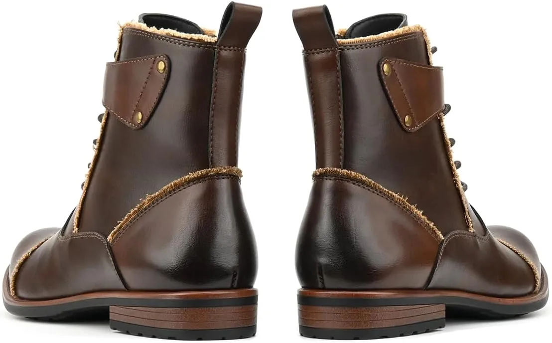 Mens Boots Motorcycle Casual Boots for Men Lace-up Ankle Dress Boots Zipper Biker Boot