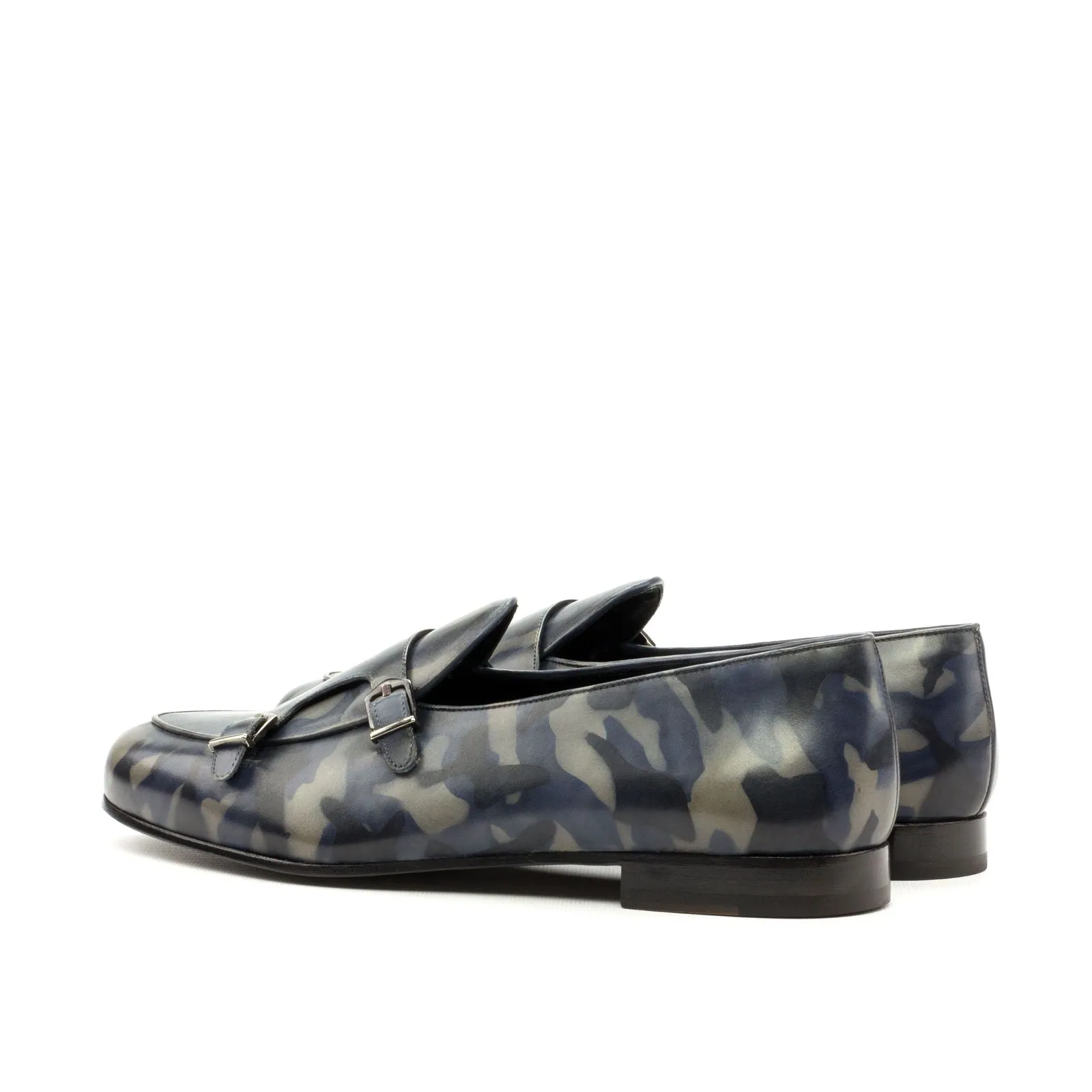 Men's Double Monk Slippers Patina Leather Wide Plus Size Blue 3508