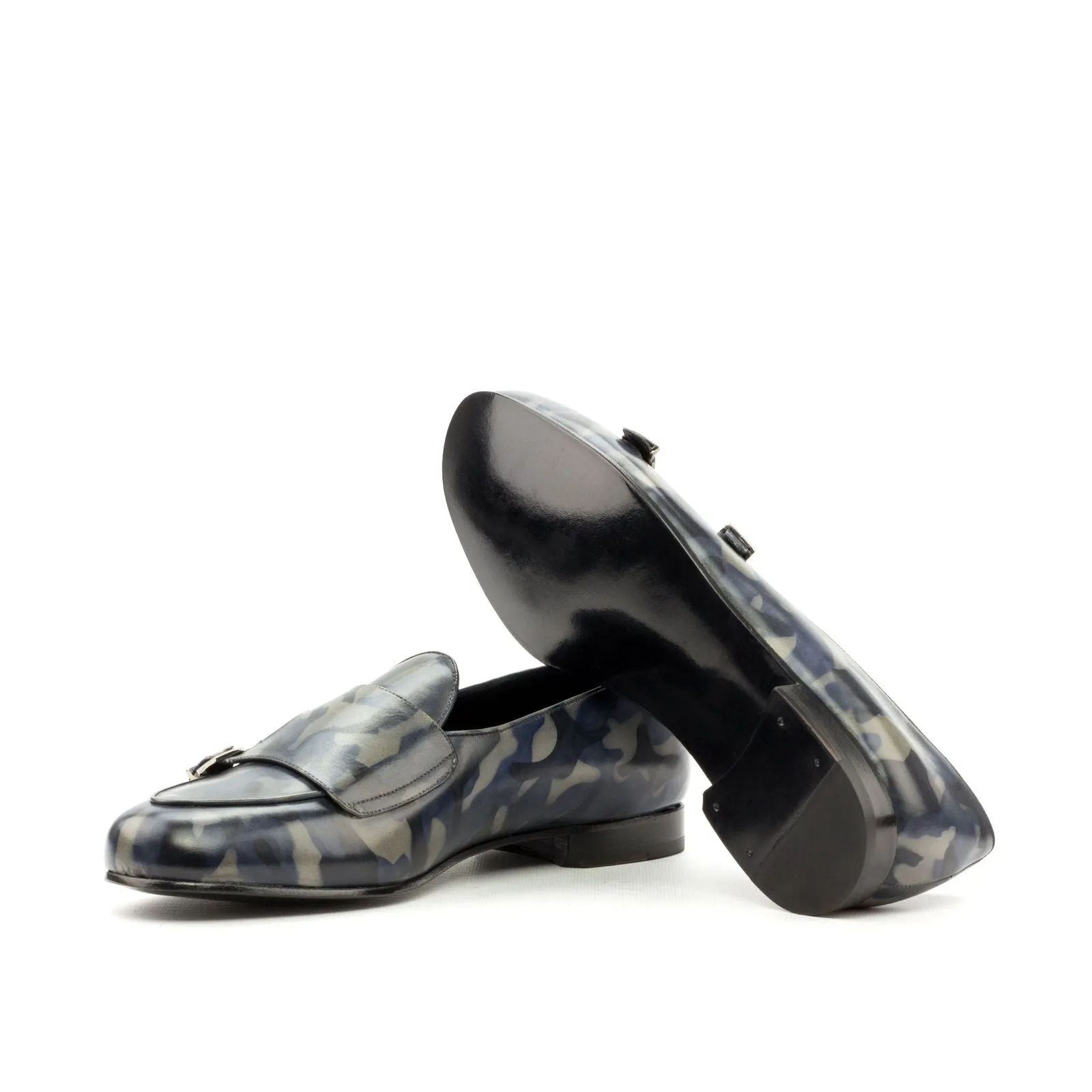 Men's Double Monk Slippers Patina Leather Wide Plus Size Blue 3508