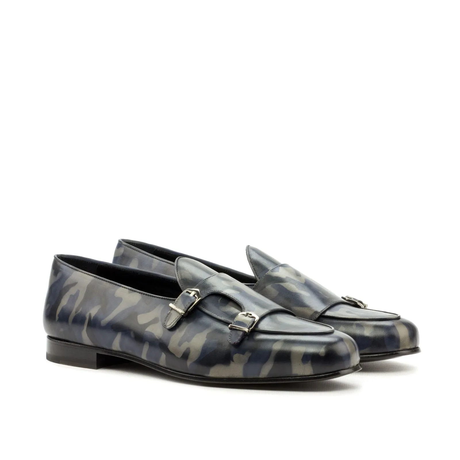 Men's Double Monk Slippers Patina Leather Wide Plus Size Blue 3508