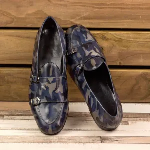 Men's Double Monk Slippers Patina Leather Wide Plus Size Blue 3508