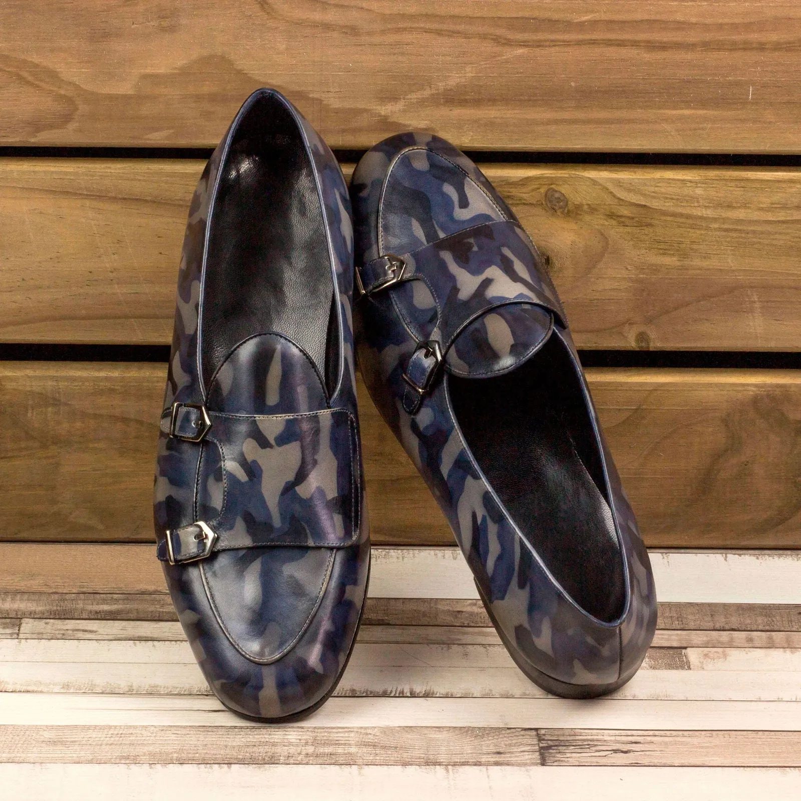 Men's Double Monk Slippers Patina Leather Wide Plus Size Blue 3508