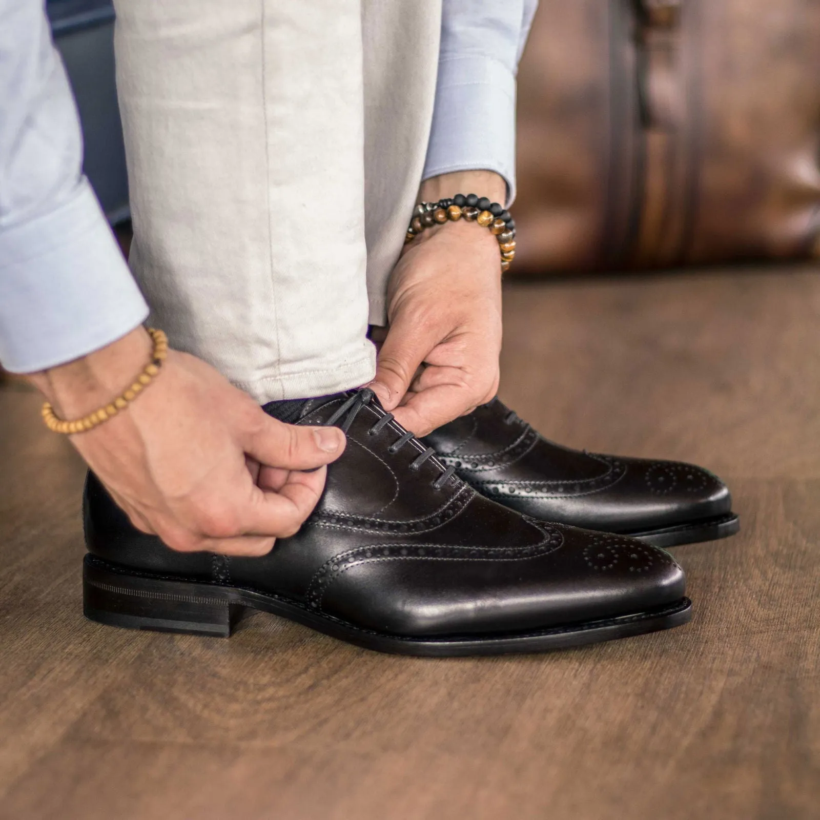 Men's Full Brogue Leather Shoes Goodyear Welt Wide Plus Size Black 5006