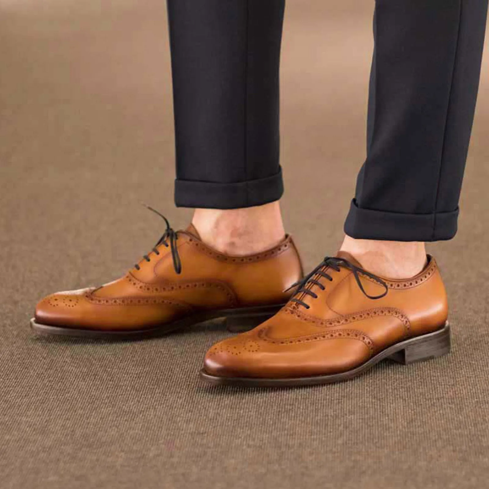 Men's Full Brogue Leather Shoes Goodyear Welt Wide Plus Size Brown 5008