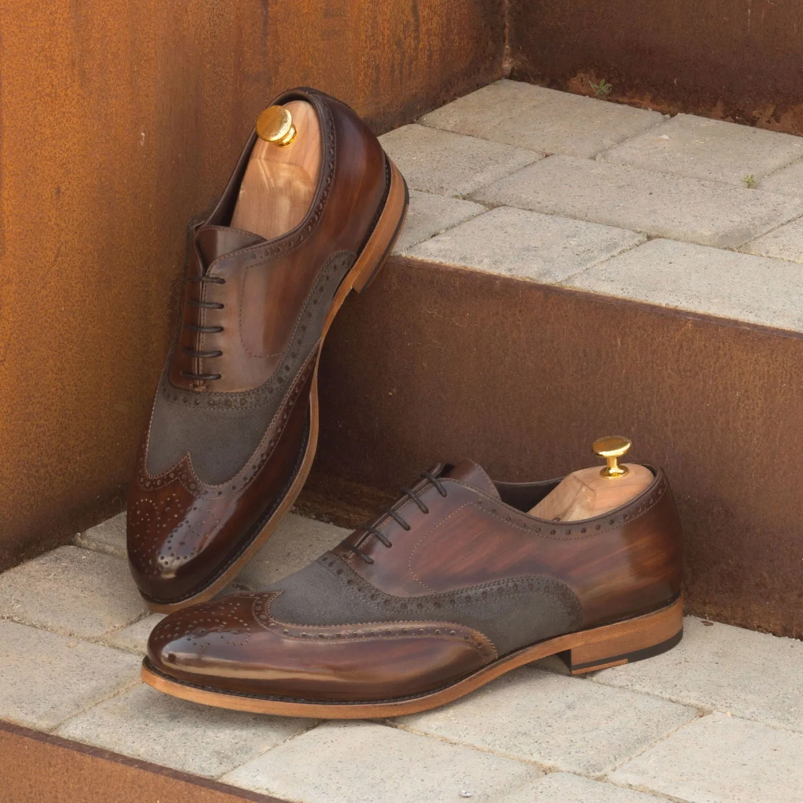 Men's Full Brogue Shoes Patina Leather Wide Plus Size Grey Dark Brown 2757