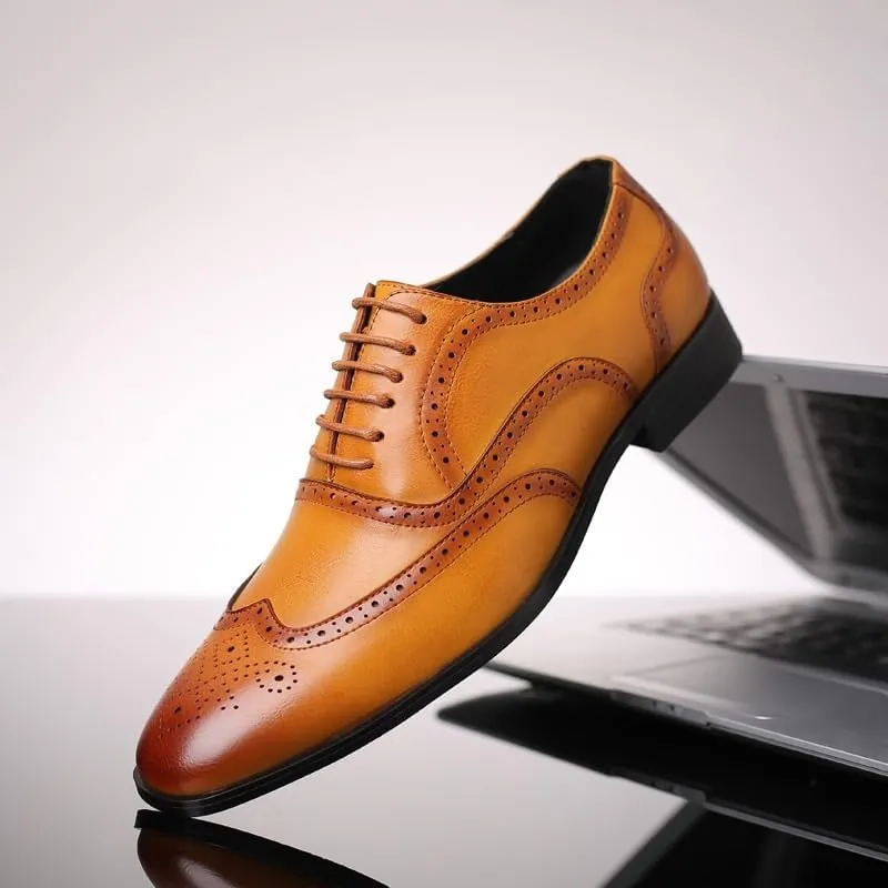Men's Leather Brogues Dress Oxford Shoes - Lace-Up Casual Retro Wingtip Prom Shoes, Pointed Toe Business Formal