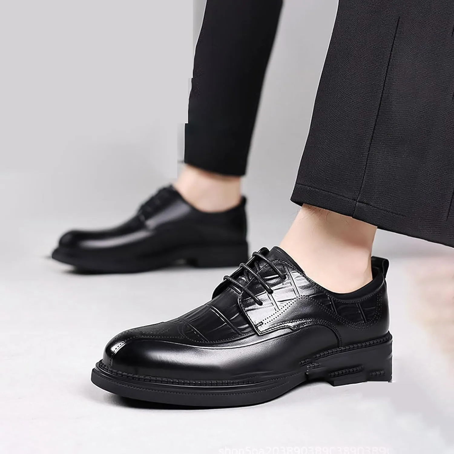 Men's Leather Lace Up Platform Oxfords Luxury Round Toe Non-Slip Lug Sole Business Office Dress Shoes, Breathable Low Block Heel Fashion Modern Oxford Shoes