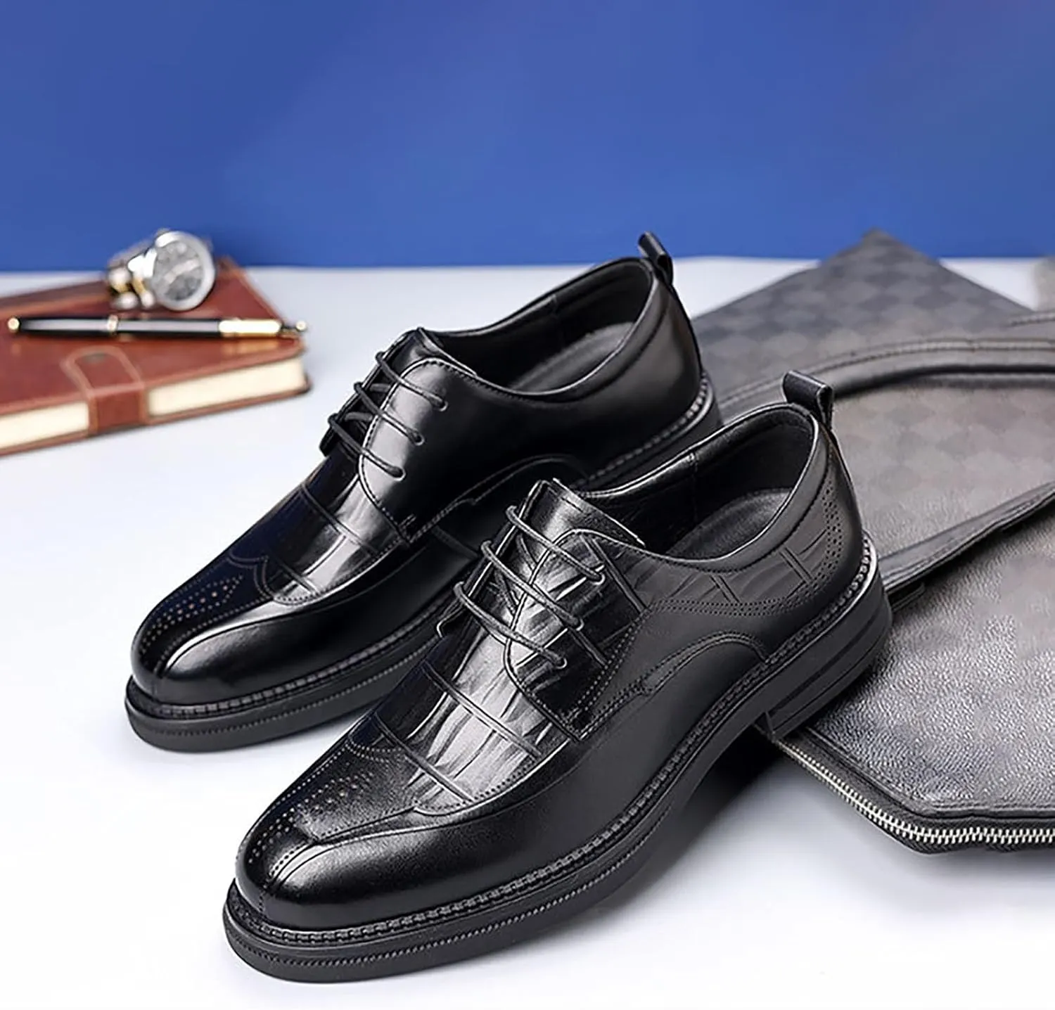 Men's Leather Lace Up Platform Oxfords Luxury Round Toe Non-Slip Lug Sole Business Office Dress Shoes, Breathable Low Block Heel Fashion Modern Oxford Shoes