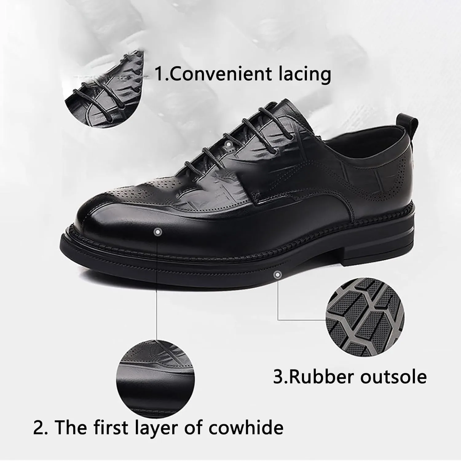 Men's Leather Lace Up Platform Oxfords Luxury Round Toe Non-Slip Lug Sole Business Office Dress Shoes, Breathable Low Block Heel Fashion Modern Oxford Shoes