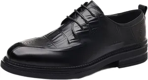 Men's Leather Lace Up Platform Oxfords Luxury Round Toe Non-Slip Lug Sole Business Office Dress Shoes, Breathable Low Block Heel Fashion Modern Oxford Shoes