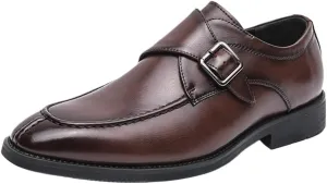 Men's Leather Oxford Formal Shoes Slip On Pointed Toe Monk Strap Rubber Sole Slip Resistant Block Heel Casual Dress Shoes