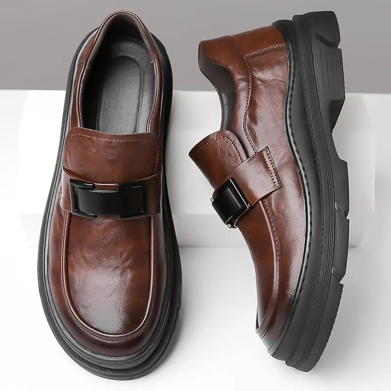 Men's Leather Slip on Platform Loafers Luxury Round Toe Non-Slip Lug Sole Business Work Office Dress Shoes Summer Breathable Walking Casual Shoes