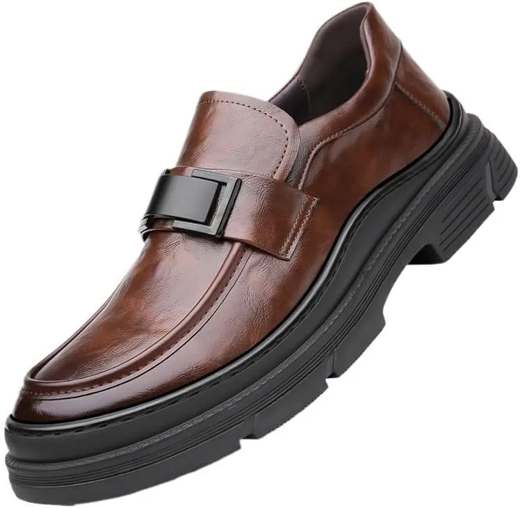 Men's Leather Slip on Platform Loafers Luxury Round Toe Non-Slip Lug Sole Business Work Office Dress Shoes Summer Breathable Walking Casual Shoes