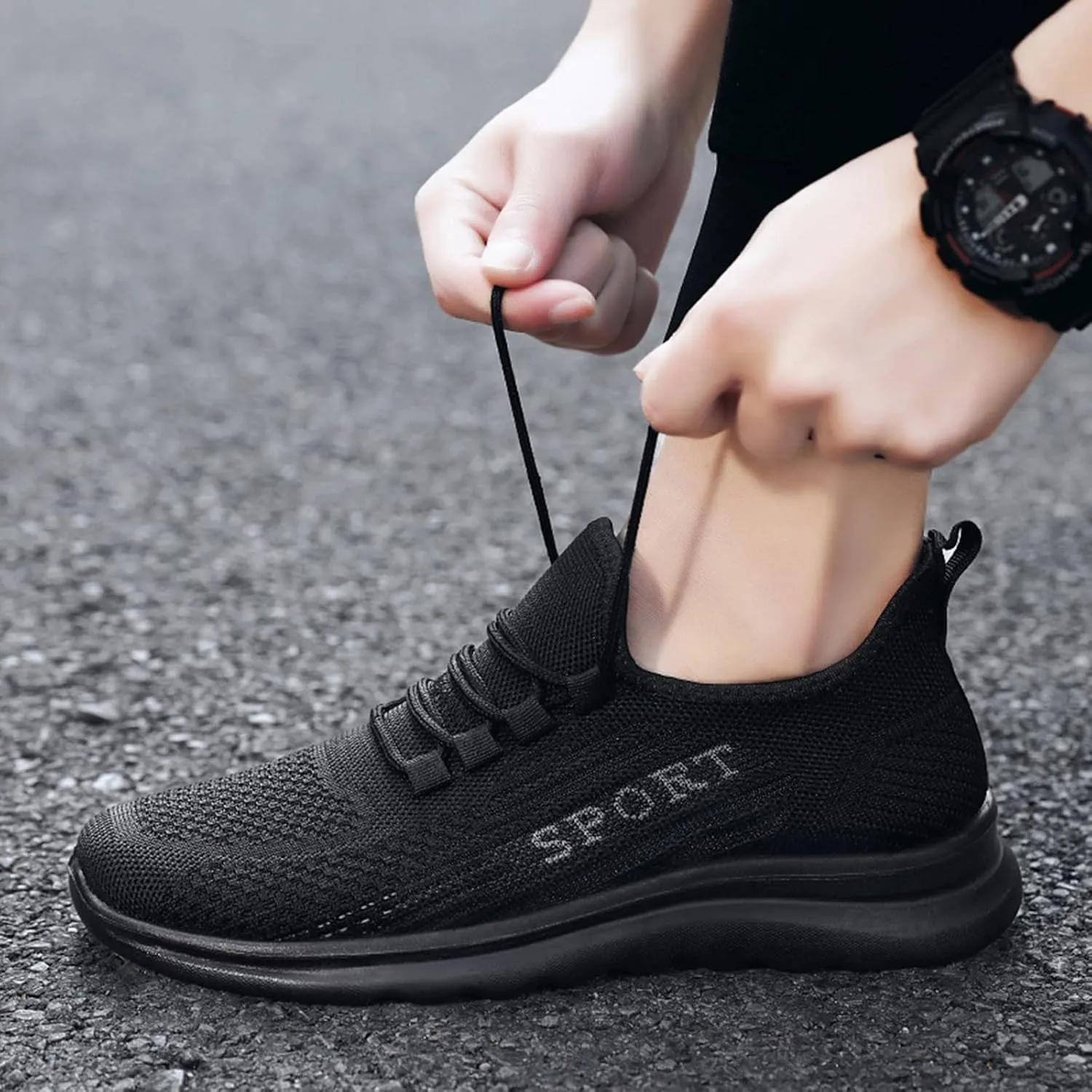 Mens Loafers & Slip-Ons Fashion Autumn Men Sports Flat Non Slip Lace Up Fly Woven Mesh Breathable Solid Color