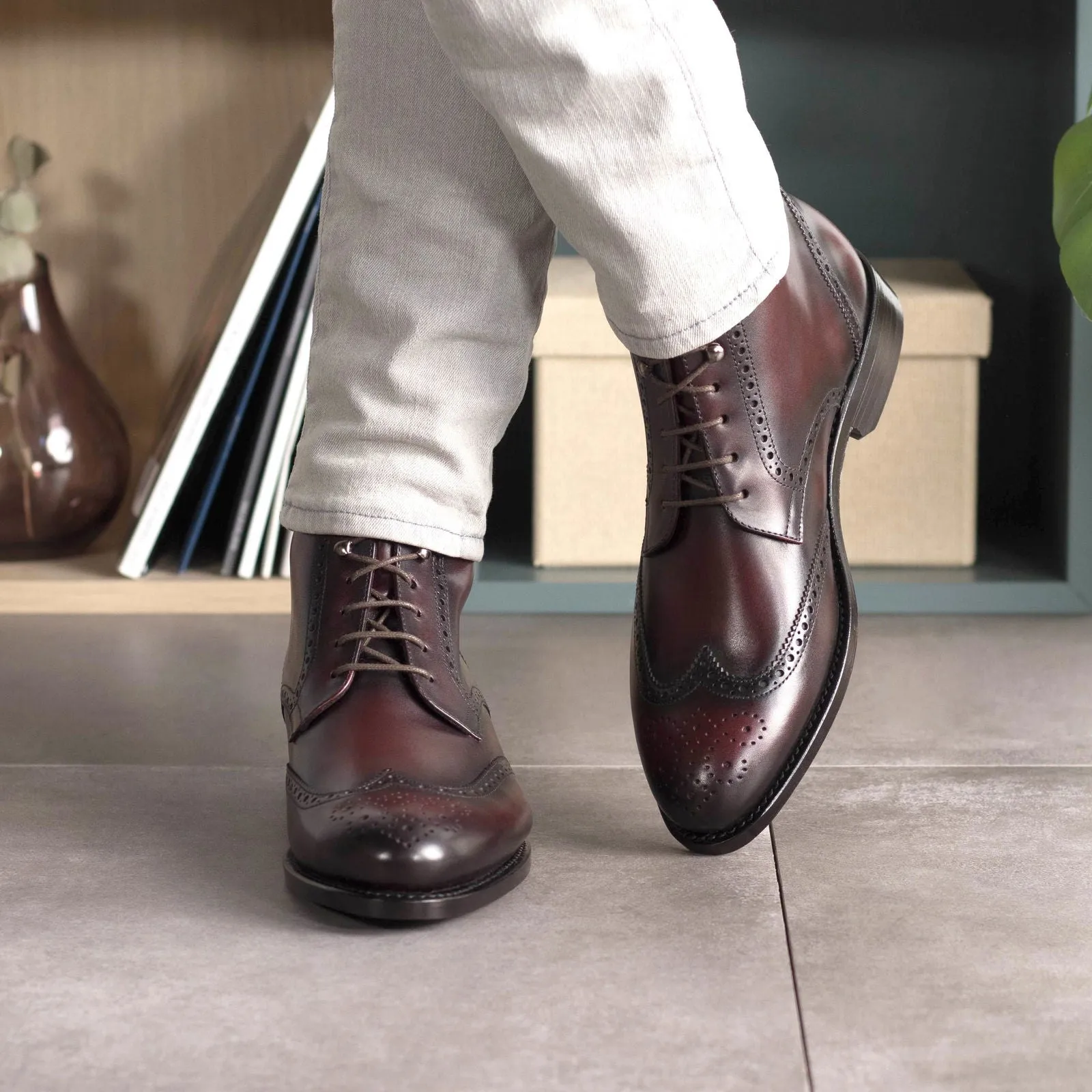 Men's Military Brogue Leather Boots Goodyear Welt Wide Plus Size Burgundy 5651
