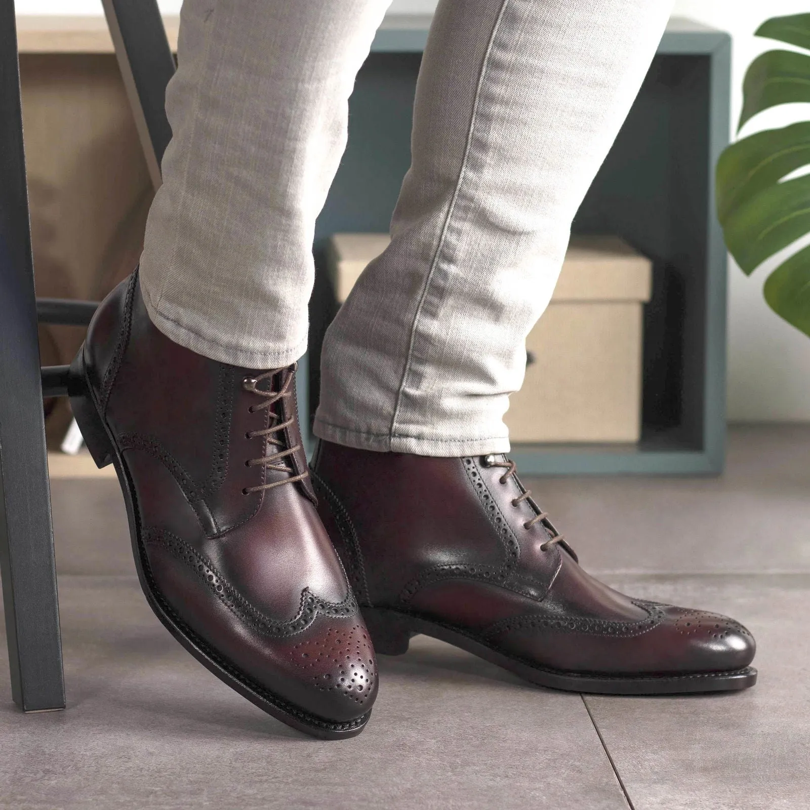 Men's Military Brogue Leather Boots Goodyear Welt Wide Plus Size Burgundy 5651
