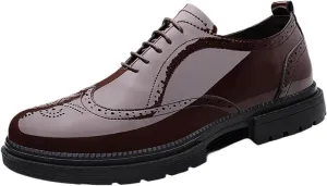 Men's Patent Leather Carved Brogue Oxford Slip Resistant Shiny and Breathable Cow Shoes, Casual Thick Sole Business Shoes