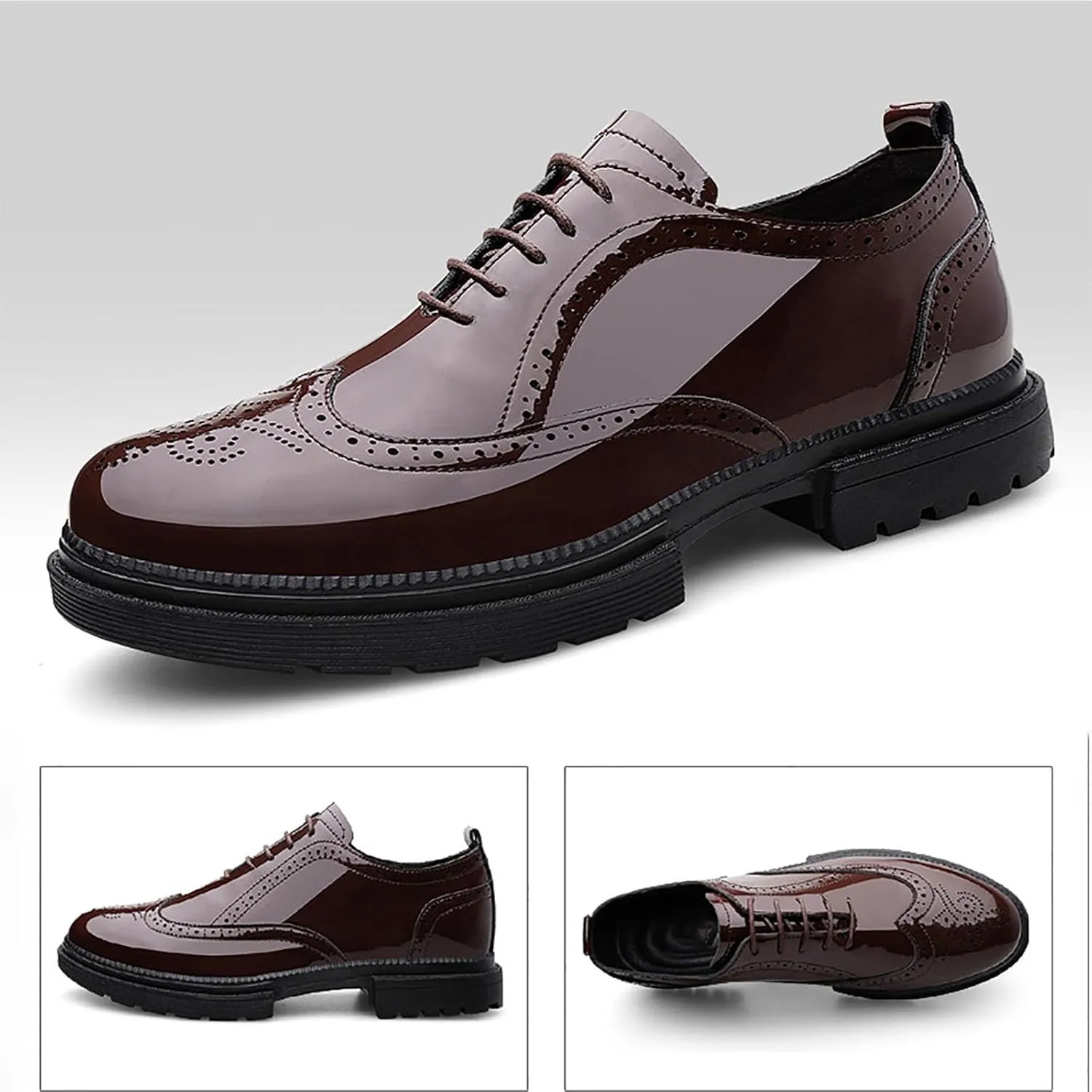 Men's Patent Leather Carved Brogue Oxford Slip Resistant Shiny and Breathable Cow Shoes, Casual Thick Sole Business Shoes
