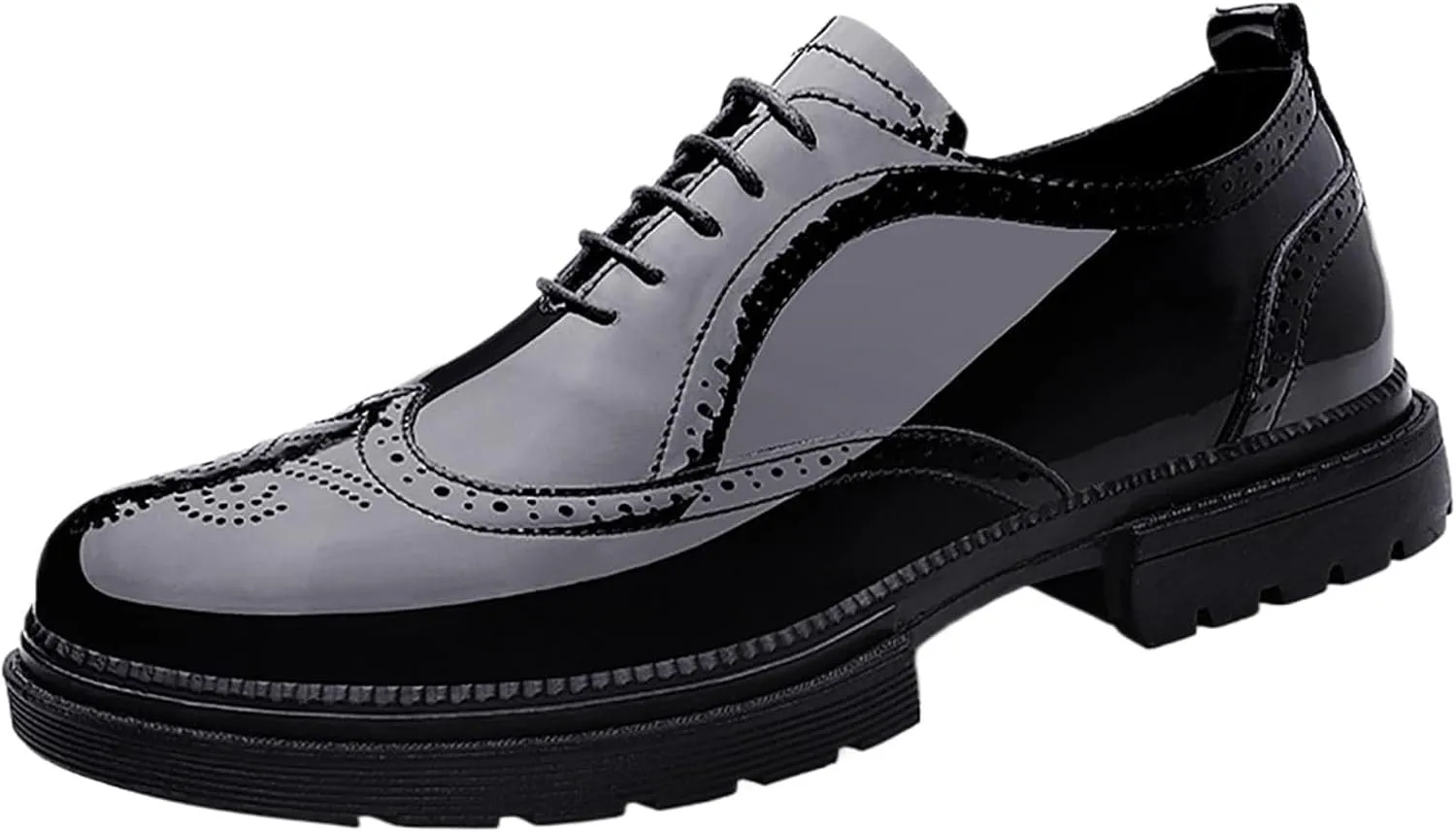 Men's Patent Leather Carved Brogue Oxford Slip Resistant Shiny and Breathable Cow Shoes, Casual Thick Sole Business Shoes